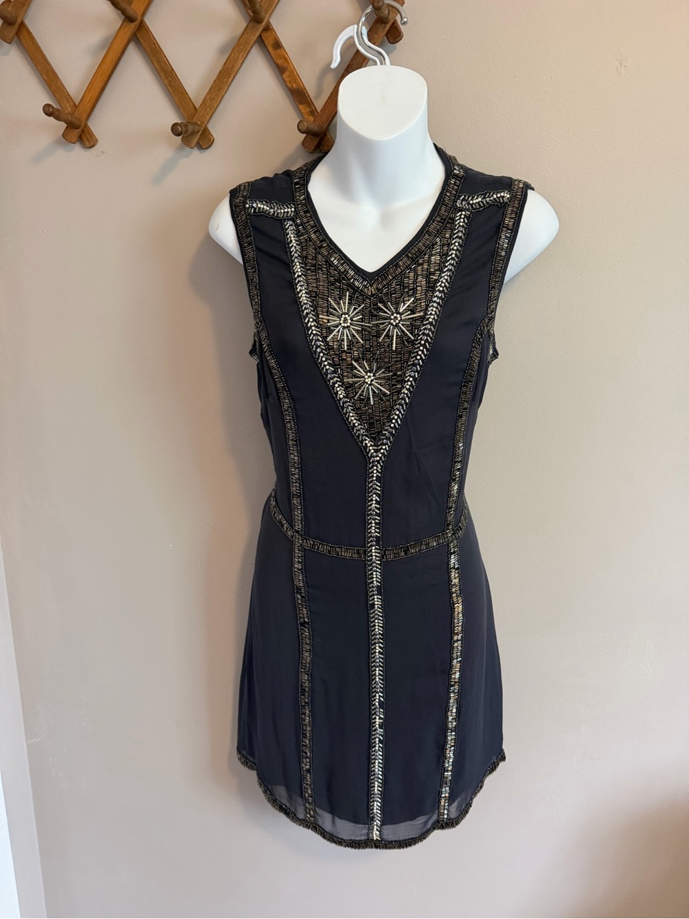 French Connection Black 100% Silk Beaded Art Deco Flapper Mini Shift Dress 6